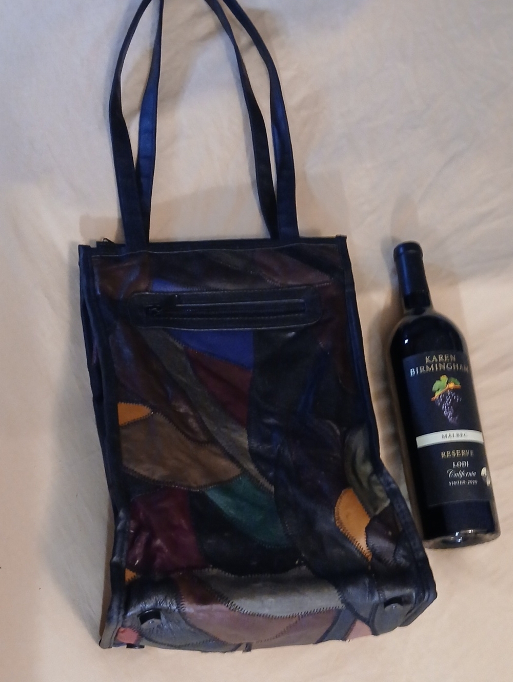MCM Wine Carrier Multicolor Patchwork Leather Tote With Feet. 1950s-70s.